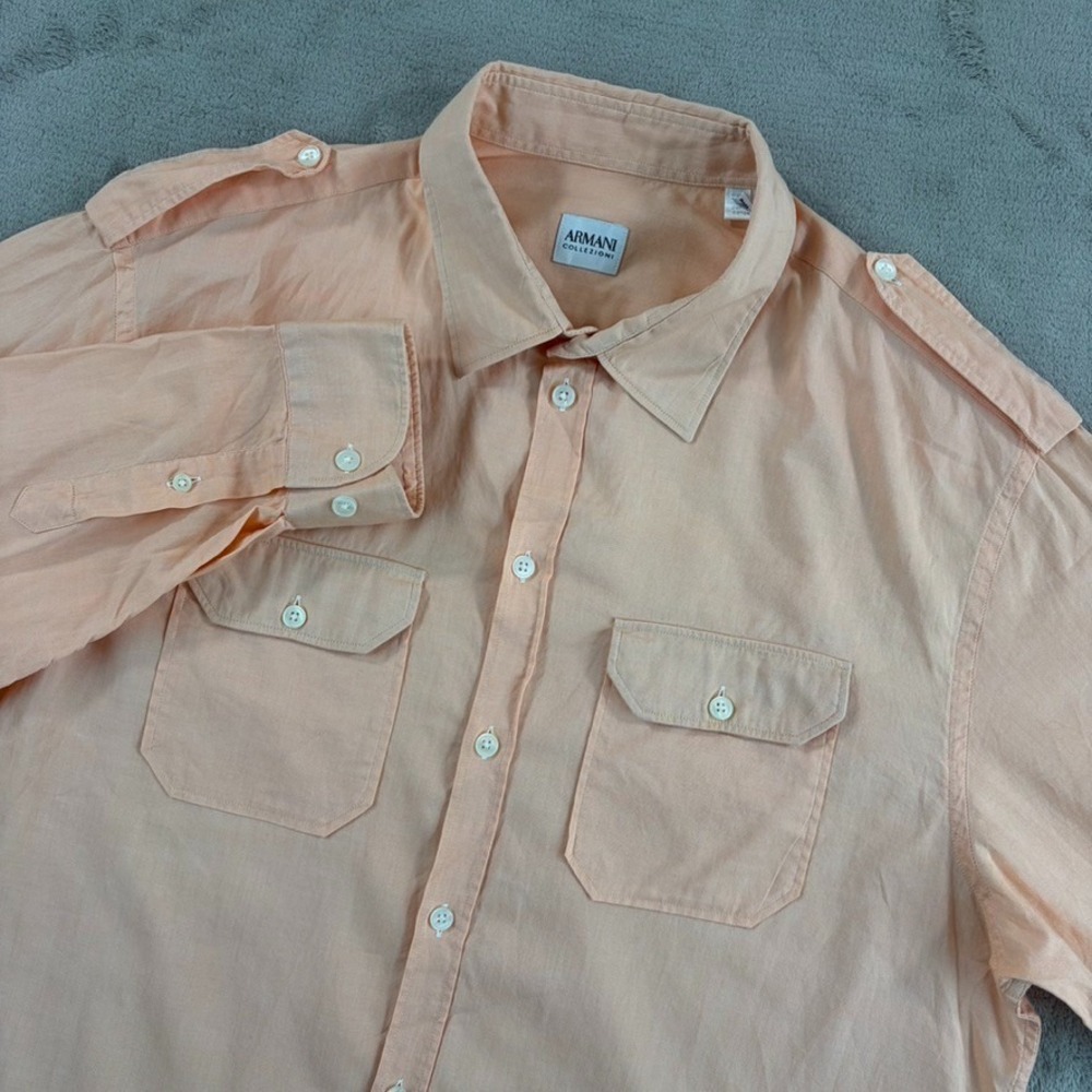 Armani Collezioni Safari Epaulets Shirt in Light Coral Men XL Long Sleeve